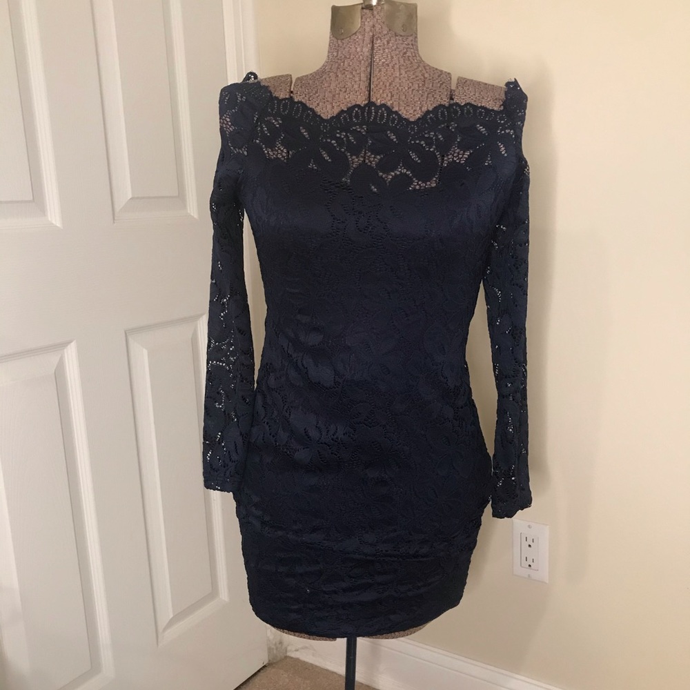 Elegant navy blue lace off the shoulder mini dress